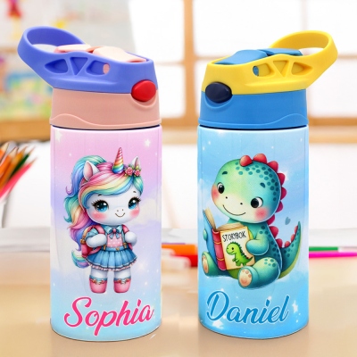 Personalized Name Cartoon Unicorn/Dinosaur Water Bottle, Stainless Steel 12oz Cup with Silicone Straw & Spill-Proof Lid, Gift for Kids/Boys/Girls