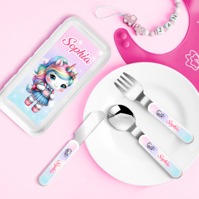 Custom Name Cartoon Unicorn/Dinosaur Cutlery Set with Box, Food Grade Stainless Steel Knife, Fork & Spoon Set, Children's Day/Birthday Gift for Kids