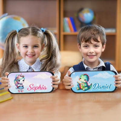 Custom Name Cartoon Unicorn/Dinosaur Pencil Case, Large Capacity Double Layer Pen Pouch with Zipper, Birthday/Back to School Gift for Kids/Students