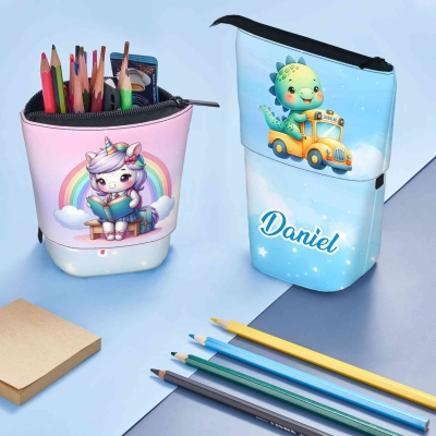 Personalized Name Cartoon Unicorn/Dinosaur Pop-Up Standing Pencil Case, Telescoping Pen Holder, Birthday/Back to School Gift for Kids/Students