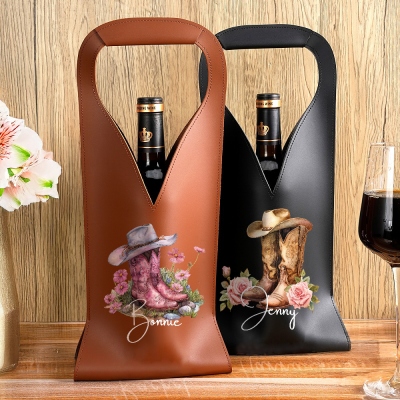 Personalized Name Birth Flower Cowgirl Boots Wine Tote, PU Leather Wine Carrier Bag, Anniversary/Housewarming Gift for Wine Lovers/Cowgirls/Women