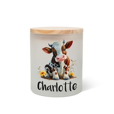 Personalized Name Highland Cow Candle Holder with LED Tea Light, Glass Candle Jar with Bamboo Lid, Gift for Highland Cow Lovers/Family/Friends