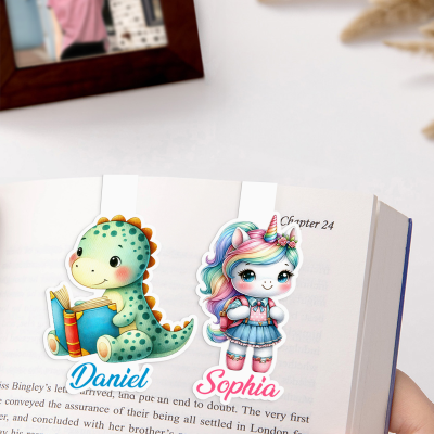 Personalized Cartoon Unicorn/Dinosaur Bookmark with Name, Magnetic Bookmark Clip, Book Accessory, Birthday/Back to School Gift for Kids/Students