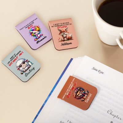 Personalized Grumpy Animal Magnetic Bookmark with Name, Leather Funny Bookmark Clip, Book Accessory, Gift for Book Lovers/Readers/Librarians
