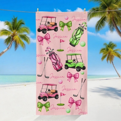 Custom Name Pink Bow Golf Cart Beach Towel, Quick Dry Microfiber Pool Towel, Summer Vacation/Beach Party Favor, Gift for Golf Lovers/Players/Coaches