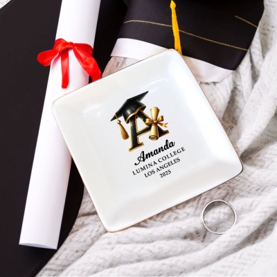 Custom Name Graduation Cap Alphabet Jewelry Dish, Ceramic Trinket Ring Dish, Class of 2025 Graduation Keepsake, Graduation Gift for Family/Friends
