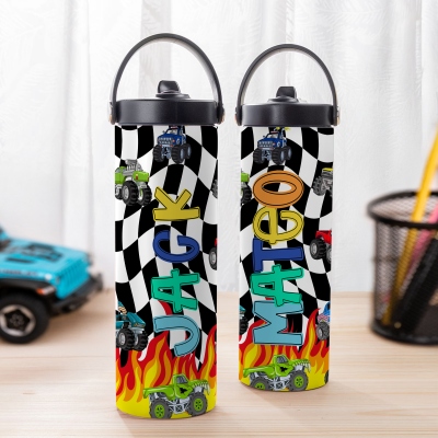 Custom Name Monster Truck Water Bottle, Stainless Steel 15oz/20oz Flames & Cars Insulated Tumbler with Silicone Straw & Handle, Gift for Kids/Boys