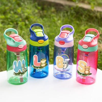 Custom Initial & Name Cartoon Animal Water Bottle, 16oz Children's Cup with Silicone Straw & Handle, Birthday/Back to School Gift for Kids/Boys/Girls