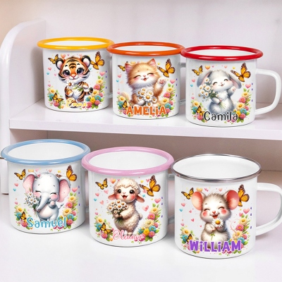 Personalized Name Cartoon Animal & Wildflowers Children's Enamel Mug, 12oz Shatterproof Cup with Handle, Tin Camping Mug, Gift for Kids/Boys/Girls