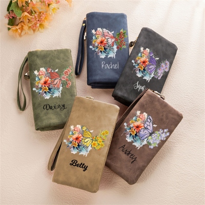 Custom Name Floral Birth Butterfly Tri-Fold Wallet, Leather Wallet Card Phone Holder with Wrist Strap, Birthday/Mother's Day Gift for Her/Mom/Women