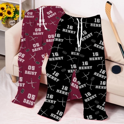 Personalized Name & Number Ice Hockey Pajama Bottoms, Multicolor Loose Drawstring Lounge Sleepwear Pants, Sports Gifts for Ice Hockey Lovers/Players