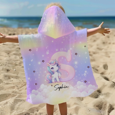 Personalized Unicorn Alphabet Hooded Beach Towel with Name, Quick Dry Bath Towel, Summer Vacation/Beach/Pool Party Favor, Gift for Kids/Girls