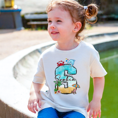 Custom Name & Initial Cartoon Crab Dolphin Beach T-shirt, Pure Cotton Summer Hawaii Sandbeach T-shirt, Vacation/Travel Gift for Kids/Boys/Girls