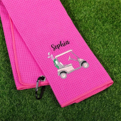Personalized Name Embroidered Golf Cart/Bag Design Golf Towel, Multicolor Waffle Weave Sports Towel with Carabiner Clip, Gift for Women Golfers