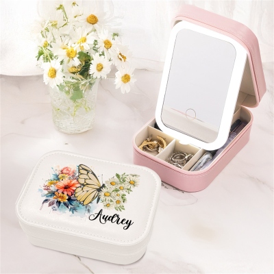Personalized Name Floral Birth Butterfly Makeup Box with Three-Color LED Light Mirror, Travel Makeup Jewelry Box, Birthday Gift for Her/Mom/Women