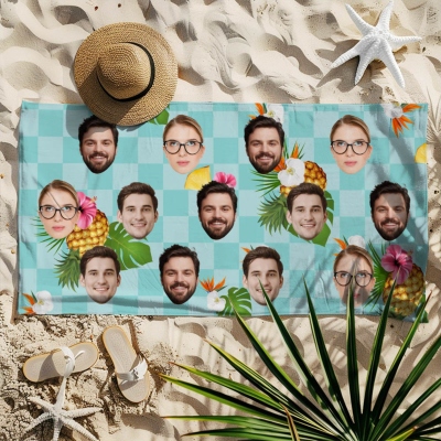 Custom 1-6 Face Photos Tropical Checkered Beach Towel, Quick Dry Microfiber Bath Towel, Vacation/Beach/Pool Party Favor, Gift for Family/Friends