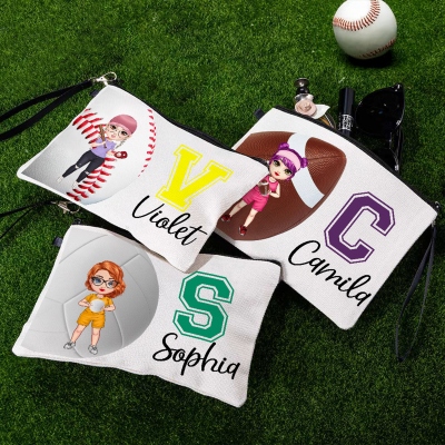 Custom Initial Name Cartoon Character Ball Sports Makeup Bag, Linen Cosmetic Bag with Wrist Strap, Travel Accessory, Gift for Sports Lovers/Her