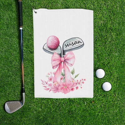 Personlig golfklubba och boll med blommig rosettdesign, flerfärgad våffelvävd sporthandduk med karbinhake, present till kvinnliga golfare