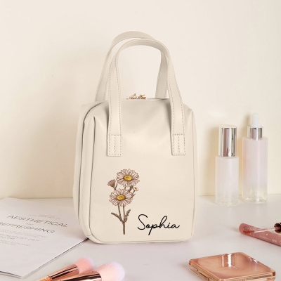 Personalized Name Birth Flower Mini Makeup Pouch with Compartments, PU Leather Travel Toiletry Bag, Cosmetic Bag with Handle & Zipper, Gift for Women