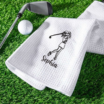 Personalized Name Embroidered Female Golfer Design Golf Towel, Multicolor Waffle Weave Sports Towel with Carabiner Clip, Gift for Golf Lovers/Players
