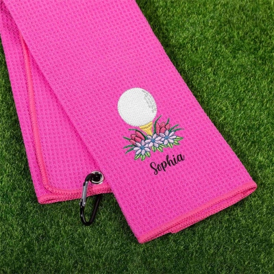 Custom Name Embroidered Floral Golf Ball on Tee Design Golf Towel, Multicolor Waffle Weave Sports Towel with Carabiner Clip, Gift for Women Golfers