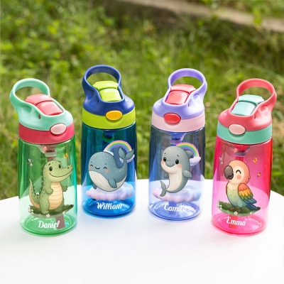 Personalized Name Cartoon Animal Water Bottle, 16oz Children's Cup with Silicone Straw & Handle, Birthday/Back to School Gift for Kids/Boys/Girls