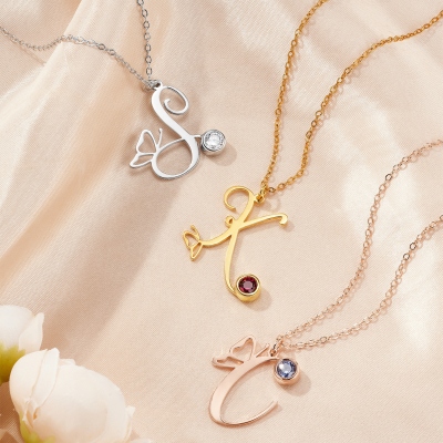 Personalized Initial Butterfly Necklace with Birthstone, Sterling Silver 925 Women's Minimalist Jewelry, Birthday/Mother's Day Gift for Her/Mom/Women