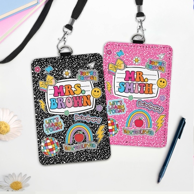 Personalized Name Teacher's ID Badge Holder with Lanyard, Composition Book Design Card Holder, Appreciation/Back to School Gift for Teachers