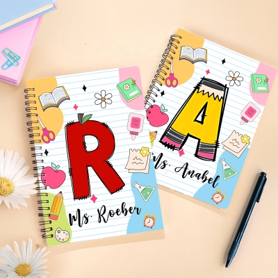 Personalized Name & Initial Teacher's Notebook, Softcover Pencil Apple Crayon Design A5 Spiral Notebook, Back to School/Appreciation Gift for Teachers