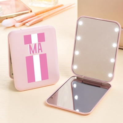 Personalized Monogram Striped LED Lighted Travel Makeup Mirror, 1x/2x Magnifying Dual Compact Mirror, Birthday/Wedding Gift for Her/Mom/Bridesmaids