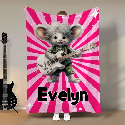 Personalized Cartoon Rock & Roll Animal Blanket with Name, Flannel/Sherpa Soft Bed Couch Throw, Home Decor, Birthday/Anniversary Gift for Music Lovers