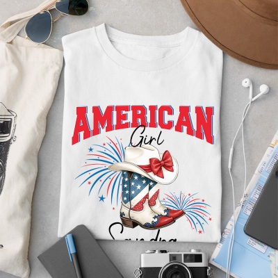 Personalized Name American Girl Shirt, Multicolor Coquette Bow Cowgirl Hat with Stars & Stripes Boots T-Shirt, Independence Day Tee, Gift for Patriots