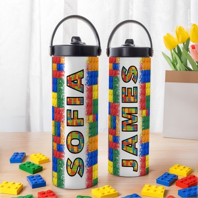 Personalized Name Building Blocks Design Water Bottle, Stainless Steel 15oz/20oz Tumbler with Silicone Straw & Handle, Gift for Kids/Boys/Girls