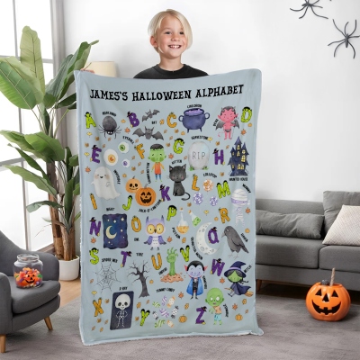 Personalized Name Halloween Alphabet Blanket, Multicolor Flannel/Sherpa Soft Bed Couch Throw, Bedroom Home Decor, Halloween Gift for Kids/Boys/Girls
