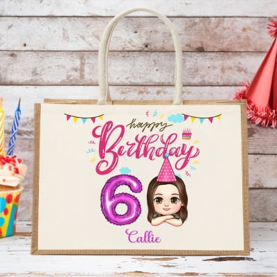 Personalized Name Cartoon Character Tote Bag with Number Balloon, Large Capacity Reusable Canvas Jute Bag, Birthday Gift for Kids/Boys/Girls
