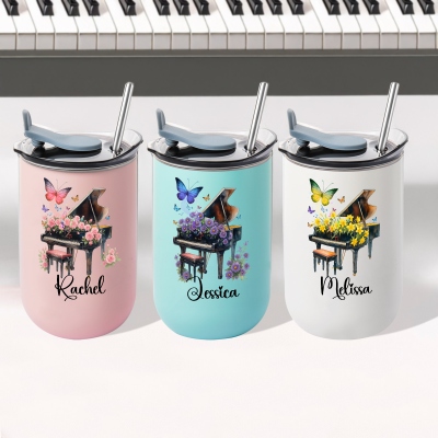Custom Name Birth Flower Piano Design Coffee Tumbler with Straw & Lid, 10oz Insulated Cup, Birthday/Anniversary/Christmas Gift for Her/Music Lovers