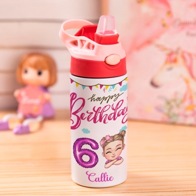 Personalized Name Cartoon Character Water Bottle with Number, Stainless Steel 12 Oz Children's Cup, Birthday/Back to School Gift for Kids/Boys/Girls