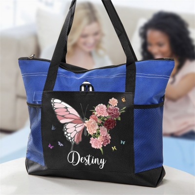 Custom Name Birth Flower Butterfly Tote Bag, Large Capacity Oxford Cloth Handbag with Mesh Pocket, Women's Shopping Bag, Birthday Gift for Her/Mom
