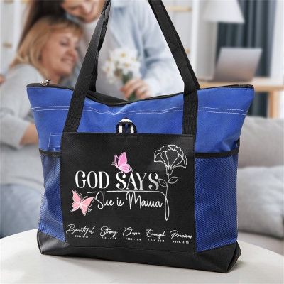 Custom Name Birth Flower God Says She is Bible Verses Tote Bag, Large Capacity Oxford Cloth Bag with Mesh Pocket, Birthday Gift for Her/Mom/Grandma