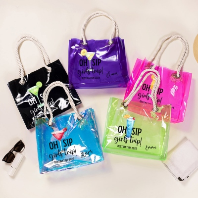 Custom Name Oh Sip Girls Trip Neon Color Tote Bag, Transparent PVC Beach Bag with Rope Handles, Travel Accessory, Vacation Gift for Besties/Girls