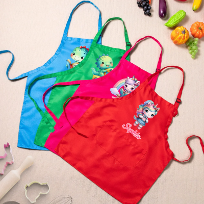 Custom Name Cartoon Unicorn/Dinosaur Apron & Chef Hat, Kids Apron with Pocket & Adjustable Strap, Chef Cap, Kitchen Supplies, Gift for Kids/Boys/Girls