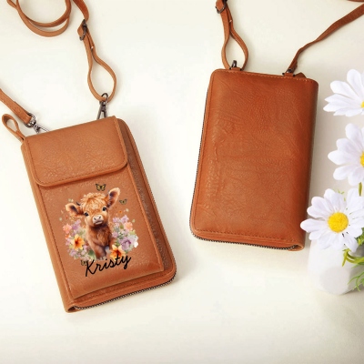 Custom Name Floral Highland Cow Crossbody Cellphone Bag, Leather Phone Wallet Purse with Adjustable Shoulder Strap, Gift for Her/Mom/Bridesmaids/Women