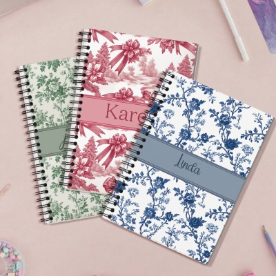 Personalized Floral Bow Toile De Jouy Notebook with Name, Multicolor Softcover A5 Spiral Journal, Back to School/Birthday Gift for Girls/Women