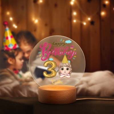 Personalized Happy Birthday Cartoon Character Night Light with Name & Number, Acrylic Night Lamp with Wooden Base, Home Decor, Birthday Gift for Kids