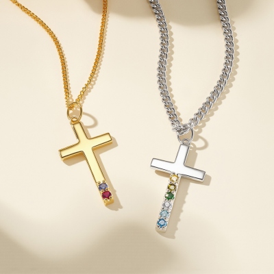 Personalized 1-6 Birthstones Cross Necklace, Sterling Silver 925 Christian Faith Jewelry, Birthday/Baptism/Christmas Gift for Couple/Family/Friends