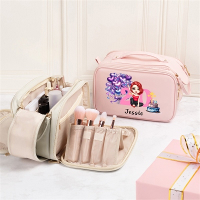 Custom Cartoon Woman Character Leather Toiletry Bag with Name & Age, Large Capacity Double Layer Multi-compartment Makeup Bag, Birthday Gift for Her
