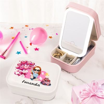 Personalized Name & Age Cartoon Woman Character Makeup Jewelry Box with Three-Color LED Light Mirror, Travel Essentials, Birthday Gift for Her