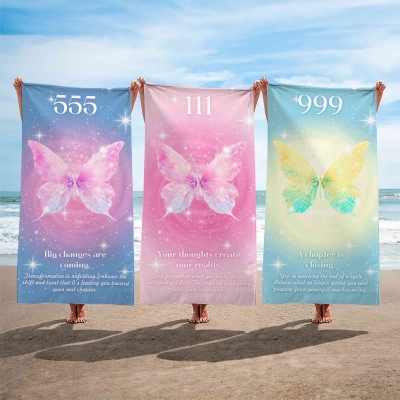Angel Number Butterfly Beach Towel – Dreamy Pastel Design, Spiritual Summer Towel, Inspirational Gift for Women and Girls