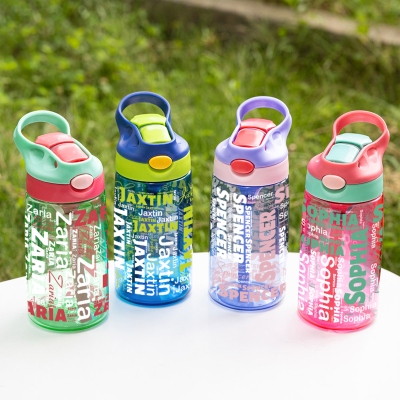 Personalized Word Cloud Water Bottle with Name, 16oz Children's Cup with Silicone Straw & Handle, Birthday/Back to School Gift for Kids/Boys/Girls