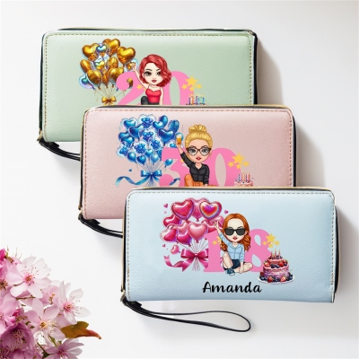 Personalized Name and Age Cartoon Birthday Woman Wallet, PU Leather Clutch Purse with Wrist Strap, Travel Accessory, Birthday Gift for Her/Friends
